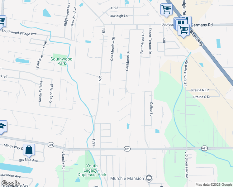 map of restaurants, bars, coffee shops, grocery stores, and more near 38080 Patti Street in Prairieville