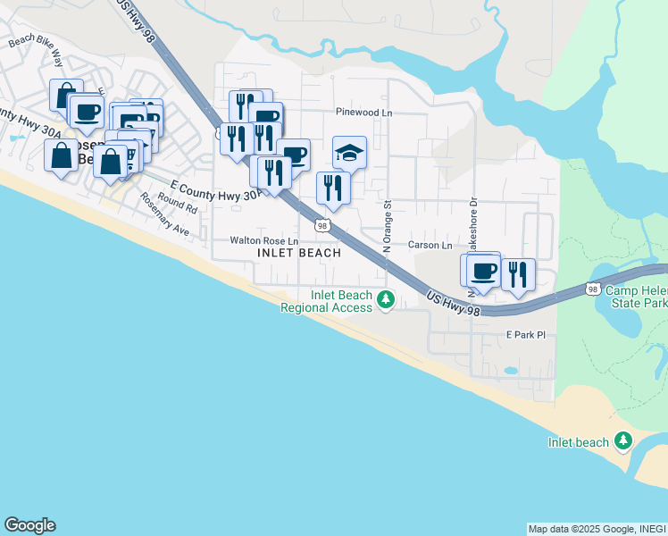 map of restaurants, bars, coffee shops, grocery stores, and more near 160 Pompano Street in Panama City Beach