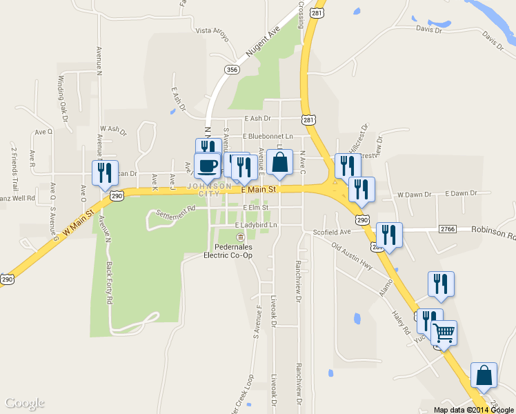 map of restaurants, bars, coffee shops, grocery stores, and more near 305 East Elm Street in Johnson City