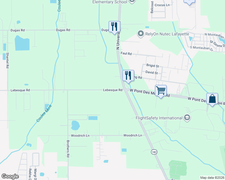 map of restaurants, bars, coffee shops, grocery stores, and more near 126 Lebesque Road in Lafayette