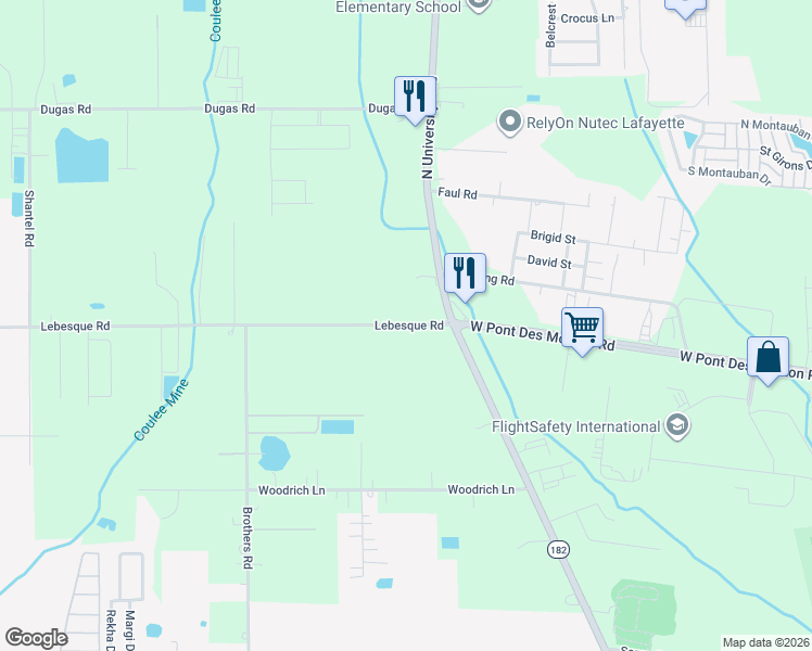 map of restaurants, bars, coffee shops, grocery stores, and more near 126 Lebesque Road in Lafayette