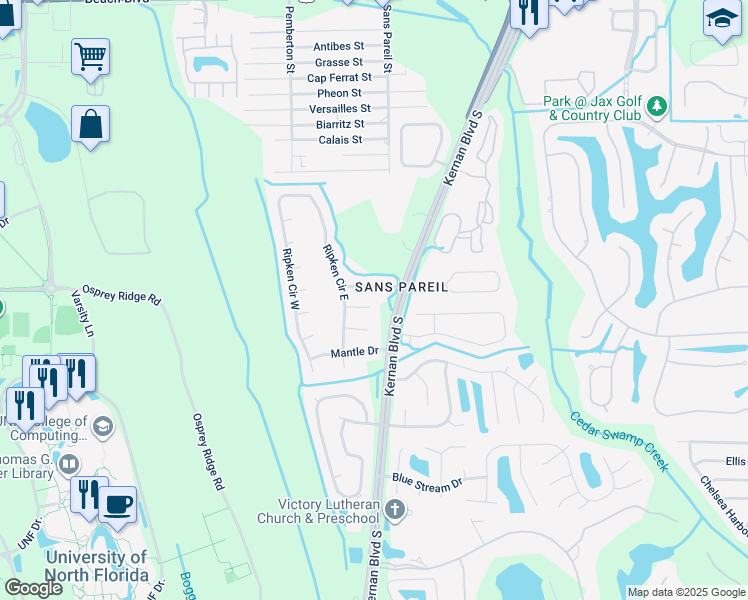 map of restaurants, bars, coffee shops, grocery stores, and more near 12253 Antoni Court in Jacksonville