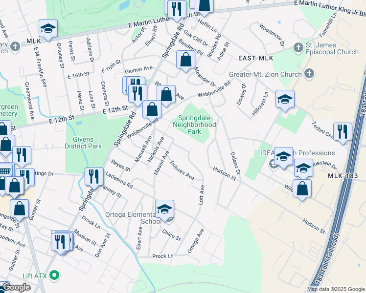 map of restaurants, bars, coffee shops, grocery stores, and more near 5100 Lott Avenue in Austin