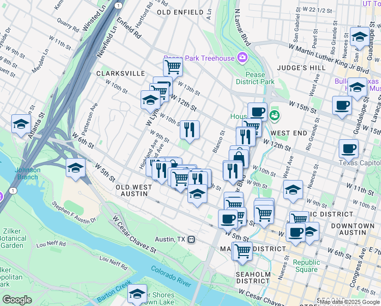 map of restaurants, bars, coffee shops, grocery stores, and more near 1301 West 9th 1/2 Street in Austin