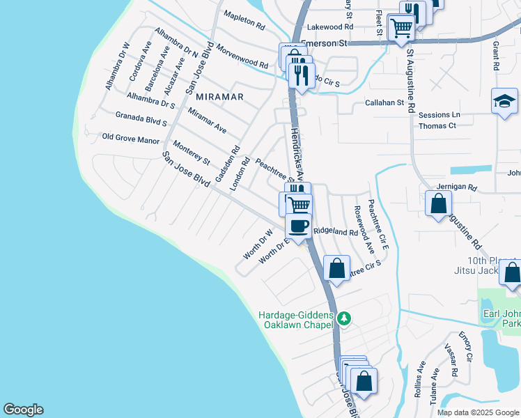 map of restaurants, bars, coffee shops, grocery stores, and more near 1460 Birmingham Road in Jacksonville