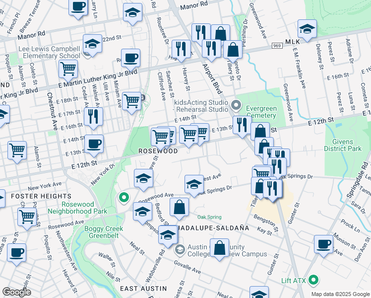 map of restaurants, bars, coffee shops, grocery stores, and more near 2927 East 12th Street in Austin