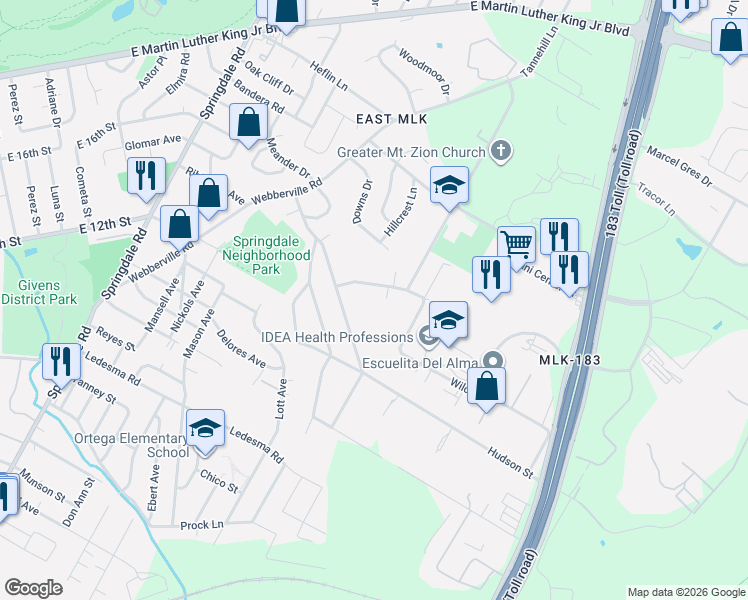 map of restaurants, bars, coffee shops, grocery stores, and more near 5519 Jackie Robinson Street in Austin