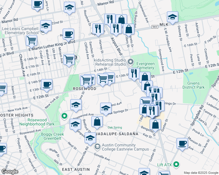 map of restaurants, bars, coffee shops, grocery stores, and more near 2943 East 12th Street in Austin