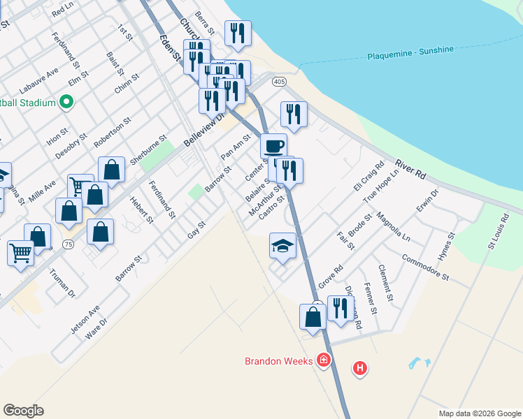 map of restaurants, bars, coffee shops, grocery stores, and more near 57959 McArthur Street in Plaquemine
