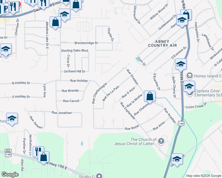 map of restaurants, bars, coffee shops, grocery stores, and more near 123 Rue De La Paix in Slidell