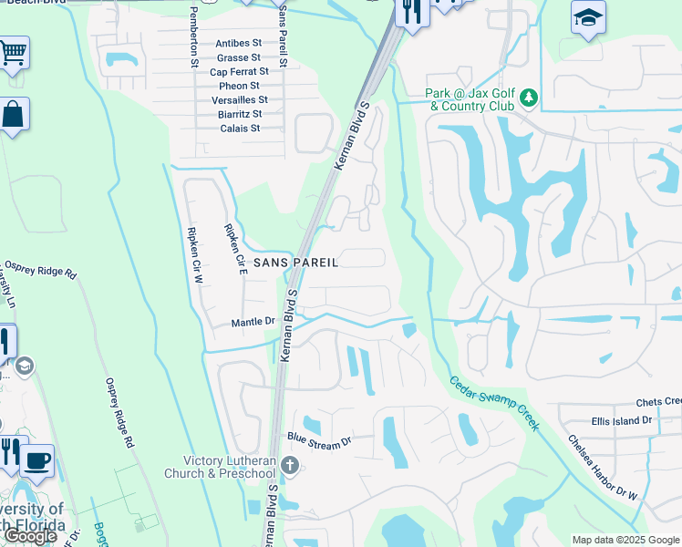 map of restaurants, bars, coffee shops, grocery stores, and more near 12606 Ashglen Drive East in Jacksonville
