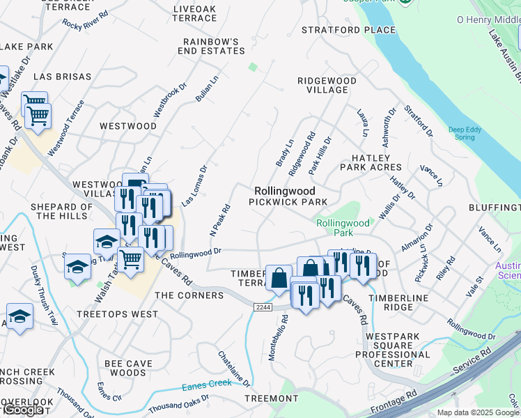 map of restaurants, bars, coffee shops, grocery stores, and more near 5002 Jeffery Pl in West Lake Hills