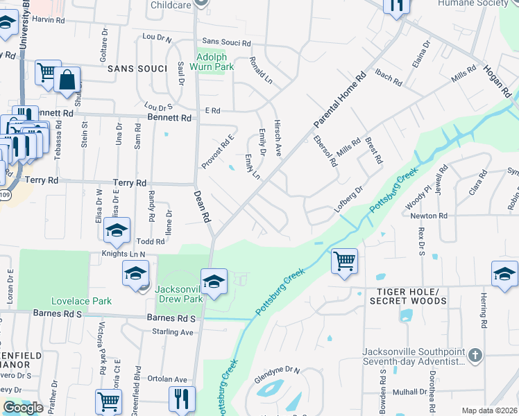 map of restaurants, bars, coffee shops, grocery stores, and more near 2729 Annette Cir in Jacksonville