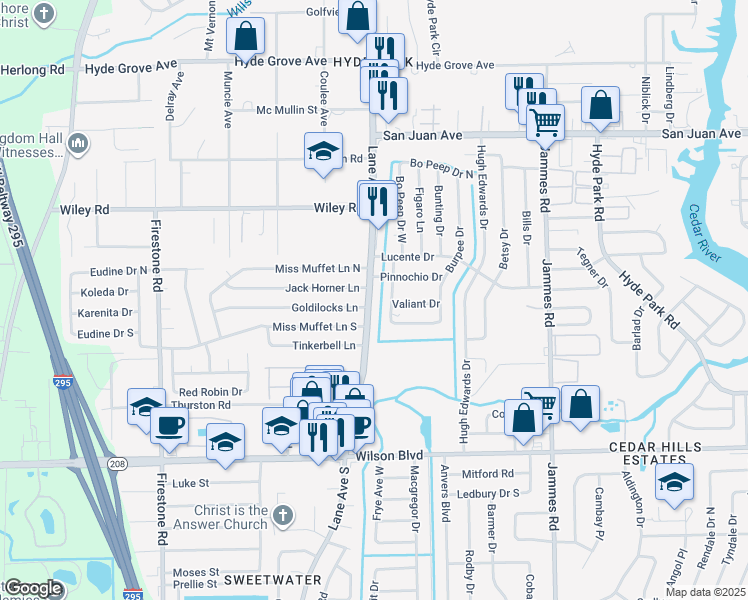 map of restaurants, bars, coffee shops, grocery stores, and more near 2310 Burpee Drive West in Jacksonville