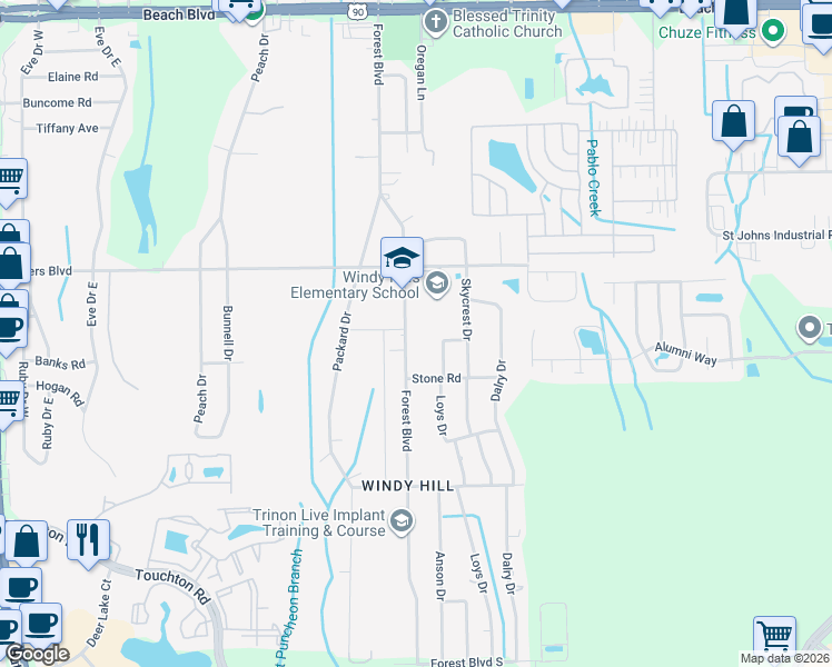map of restaurants, bars, coffee shops, grocery stores, and more near 3905 Forest Boulevard in Jacksonville