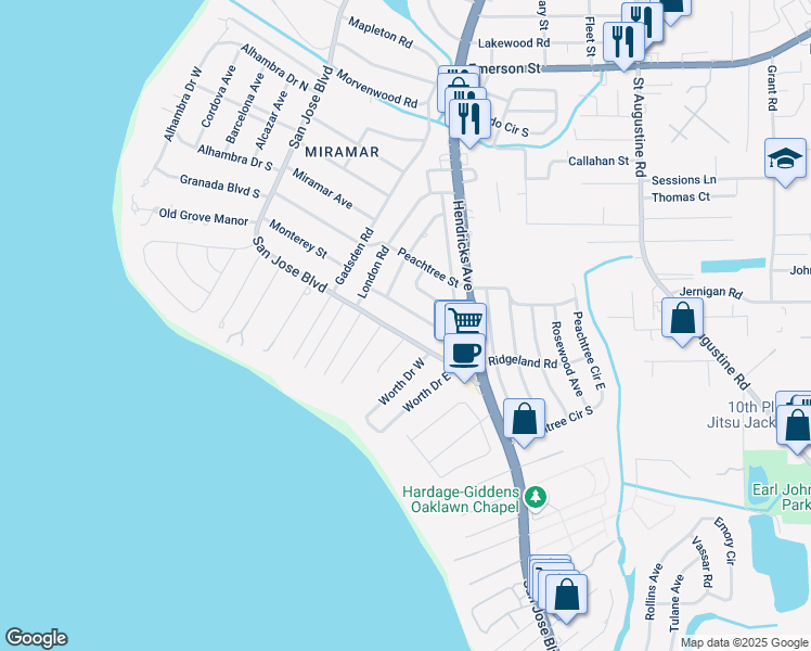 map of restaurants, bars, coffee shops, grocery stores, and more near 1460 Birmingham Road in Jacksonville