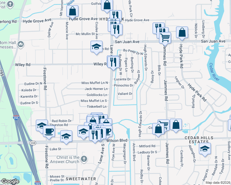 map of restaurants, bars, coffee shops, grocery stores, and more near 2310 Burpee Drive West in Jacksonville