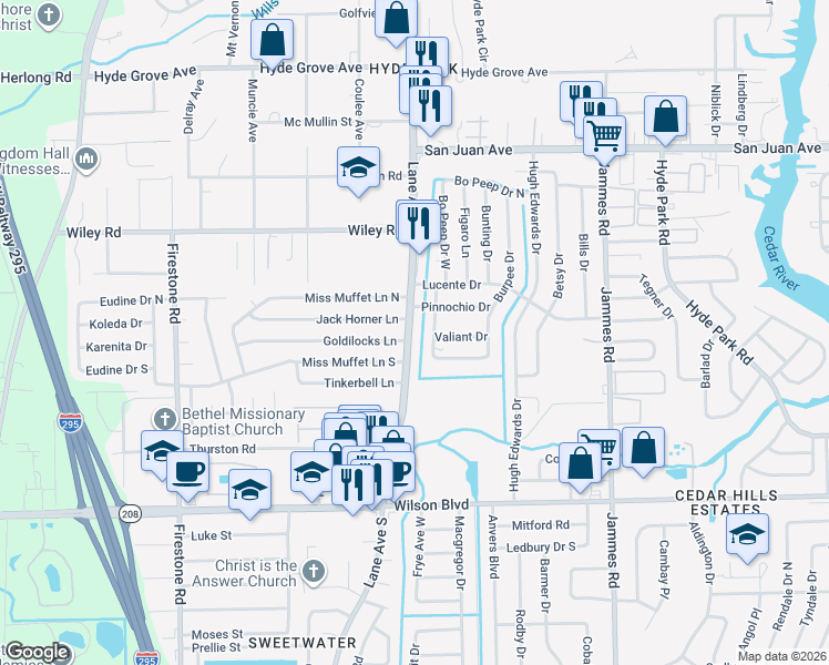 map of restaurants, bars, coffee shops, grocery stores, and more near 2310 Burpee Drive West in Jacksonville