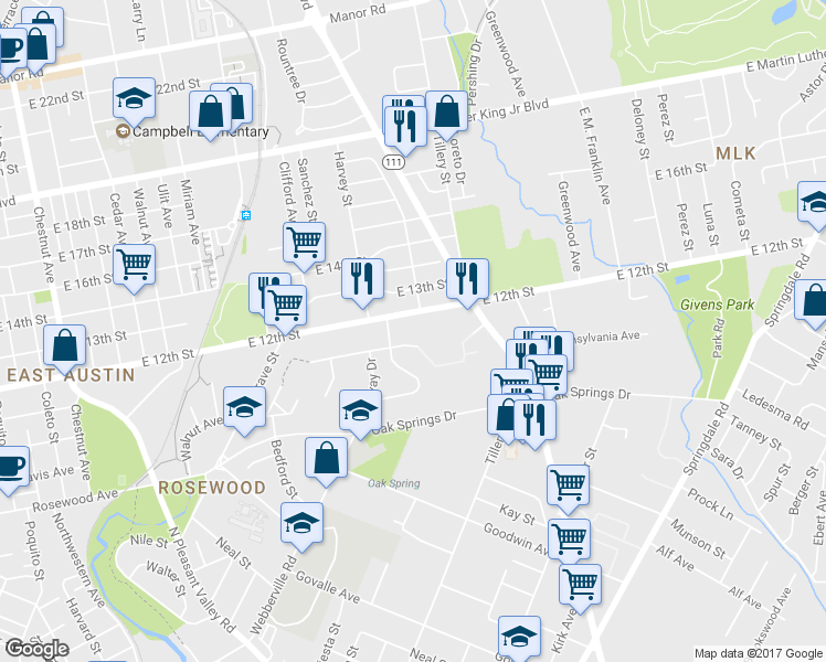 map of restaurants, bars, coffee shops, grocery stores, and more near 3021 East 12th Street in Austin