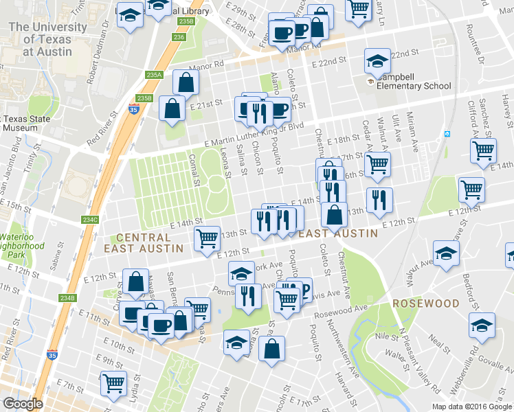 map of restaurants, bars, coffee shops, grocery stores, and more near 1808 Chicon Street in Austin
