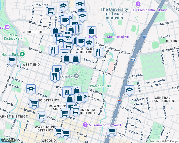 map of restaurants, bars, coffee shops, grocery stores, and more near 101 West 15th Street in Austin