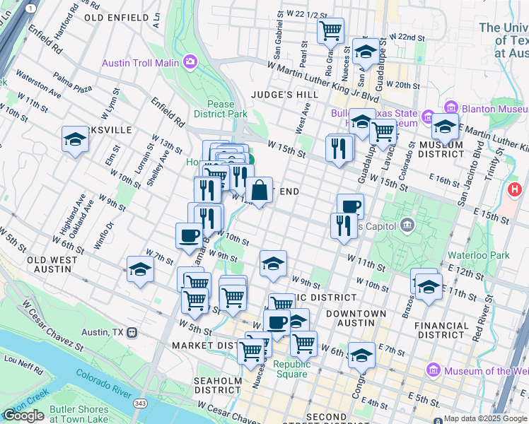 map of restaurants, bars, coffee shops, grocery stores, and more near 807 West 12th Street in Austin