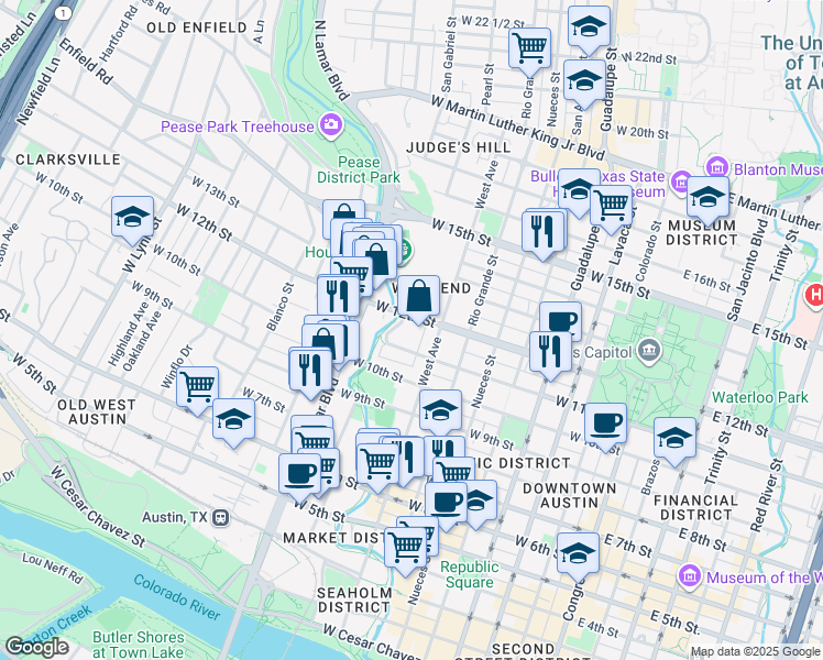 map of restaurants, bars, coffee shops, grocery stores, and more near 807 West 12th Street in Austin