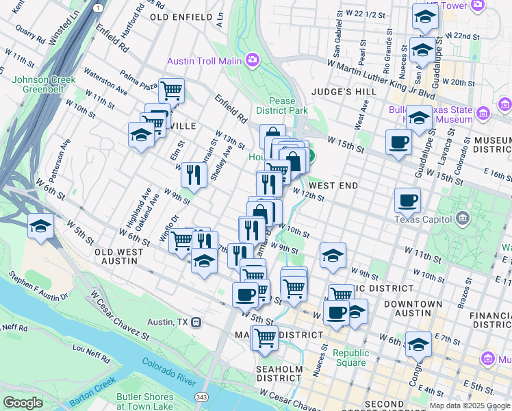 map of restaurants, bars, coffee shops, grocery stores, and more near 1012 Baylor Street in Austin