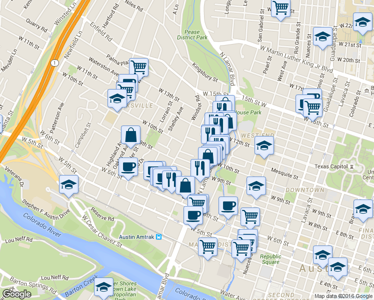 map of restaurants, bars, coffee shops, grocery stores, and more near 1001 Blanco Street in Austin