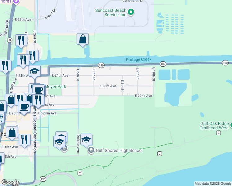 map of restaurants, bars, coffee shops, grocery stores, and more near 824 East 22nd Avenue in Gulf Shores