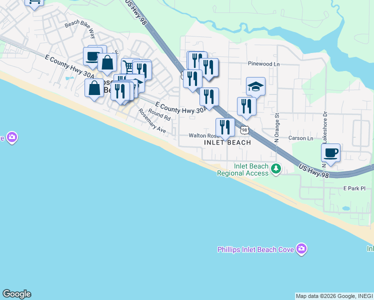 map of restaurants, bars, coffee shops, grocery stores, and more near 224 Winston Lane in Panama City Beach