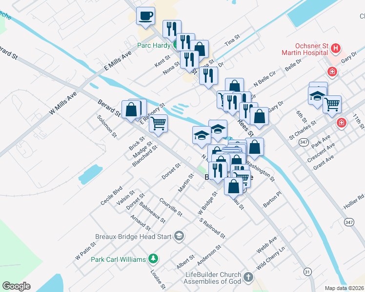 map of restaurants, bars, coffee shops, grocery stores, and more near 421 North Main Street in Breaux Bridge