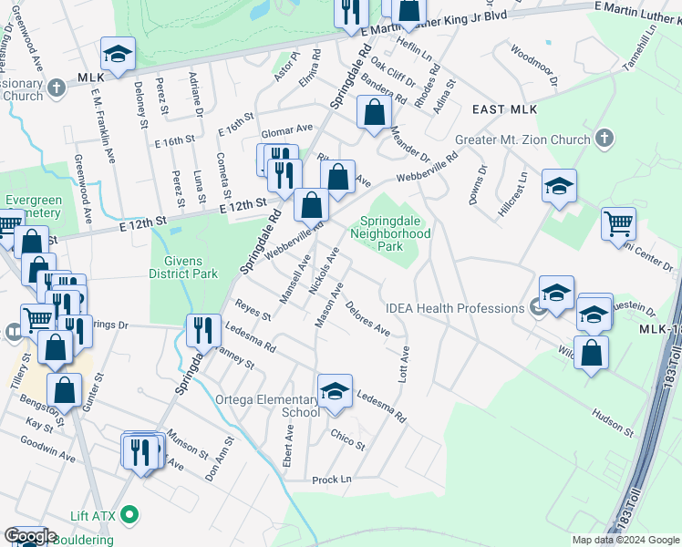 map of restaurants, bars, coffee shops, grocery stores, and more near 1146 Mason Avenue in Austin