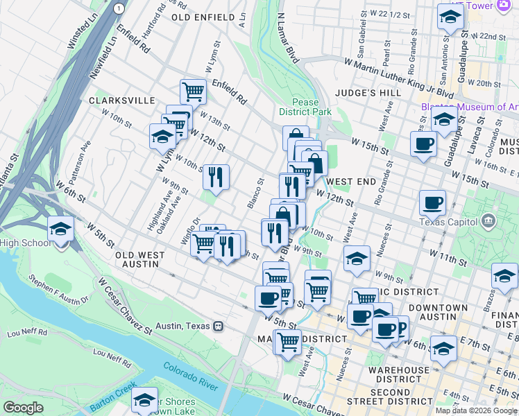 map of restaurants, bars, coffee shops, grocery stores, and more near 1116 West 10th Street in Austin