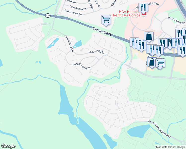 map of restaurants, bars, coffee shops, grocery stores, and more near 112 Liatris Court in Conroe