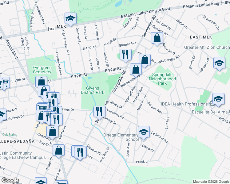 map of restaurants, bars, coffee shops, grocery stores, and more near 1141 Springdale Road in Austin