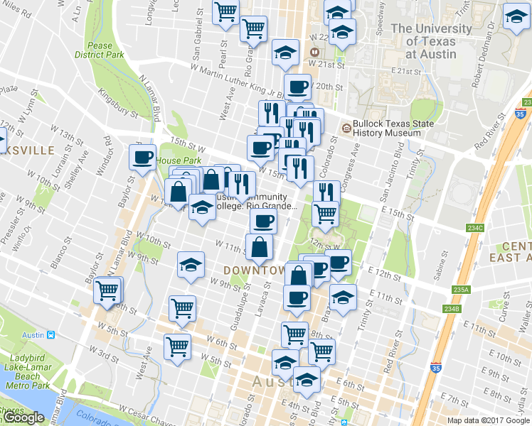 map of restaurants, bars, coffee shops, grocery stores, and more near 1212 Guadalupe Street in Austin