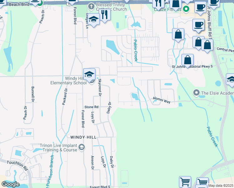 map of restaurants, bars, coffee shops, grocery stores, and more near 3824 Autumn Leaf Court in Jacksonville