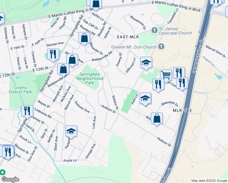 map of restaurants, bars, coffee shops, grocery stores, and more near 1303 Delano Street in Austin
