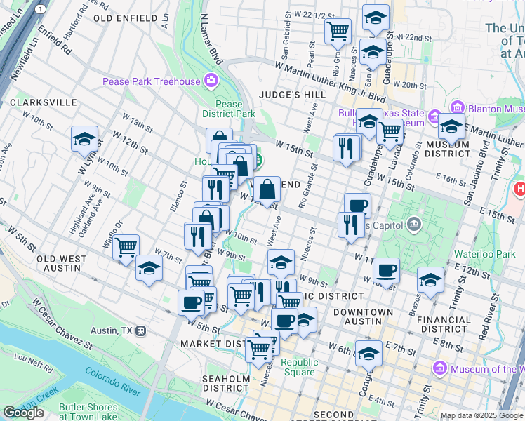 map of restaurants, bars, coffee shops, grocery stores, and more near 807 West 12th Street in Austin