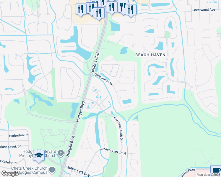 map of restaurants, bars, coffee shops, grocery stores, and more near 3804 Danforth Drive South in Jacksonville