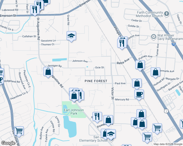 map of restaurants, bars, coffee shops, grocery stores, and more near 4423 Moreland Street in Jacksonville