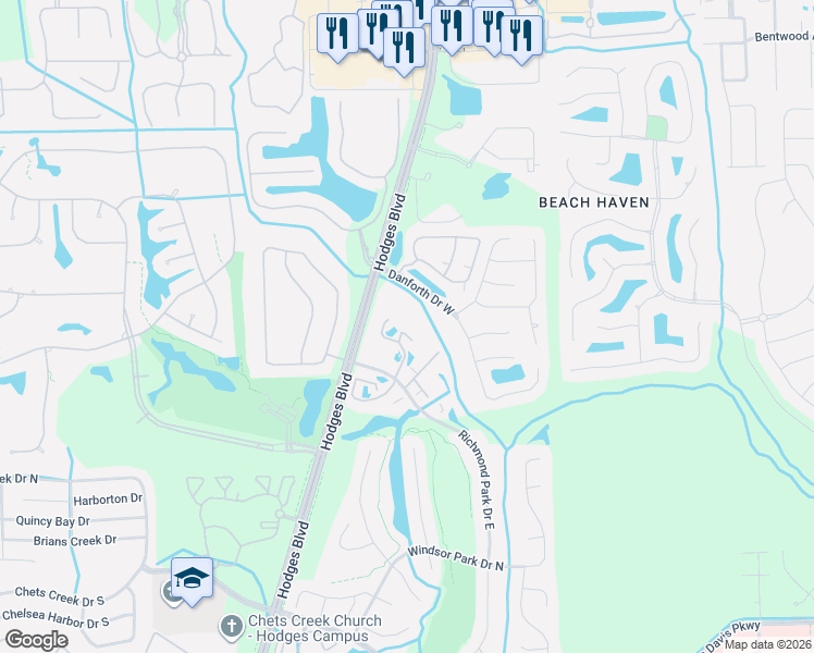 map of restaurants, bars, coffee shops, grocery stores, and more near 13700 Richmond Park Drive North in Jacksonville