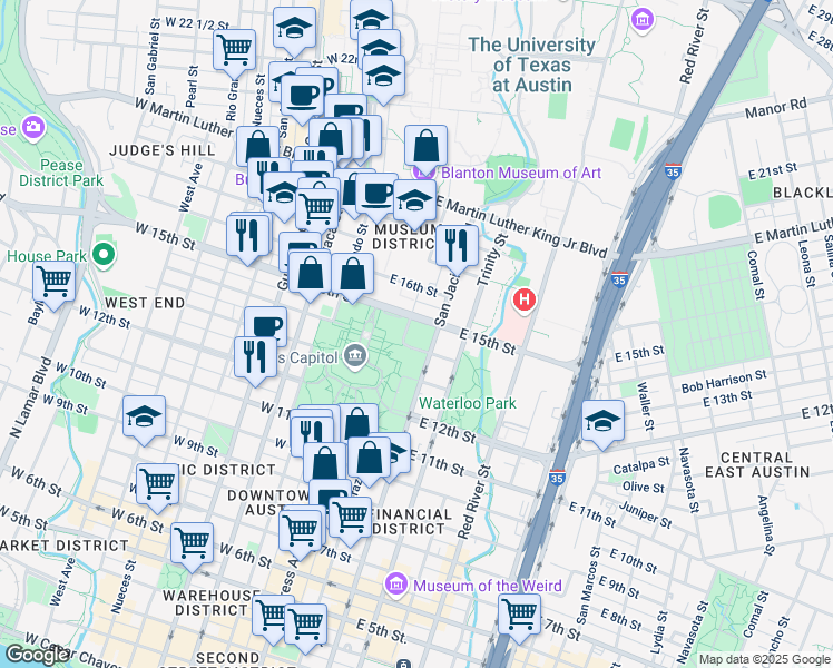 map of restaurants, bars, coffee shops, grocery stores, and more near 1411 Brazos Street in Austin
