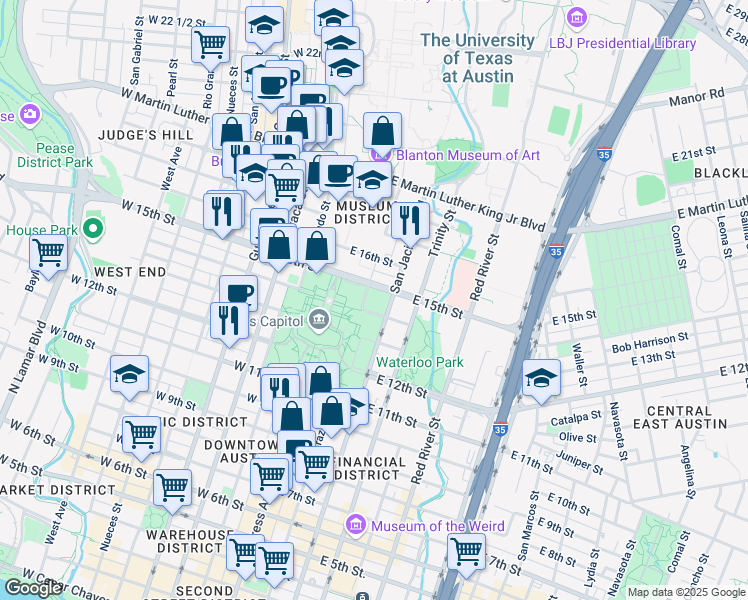 map of restaurants, bars, coffee shops, grocery stores, and more near 1411 Brazos Street in Austin