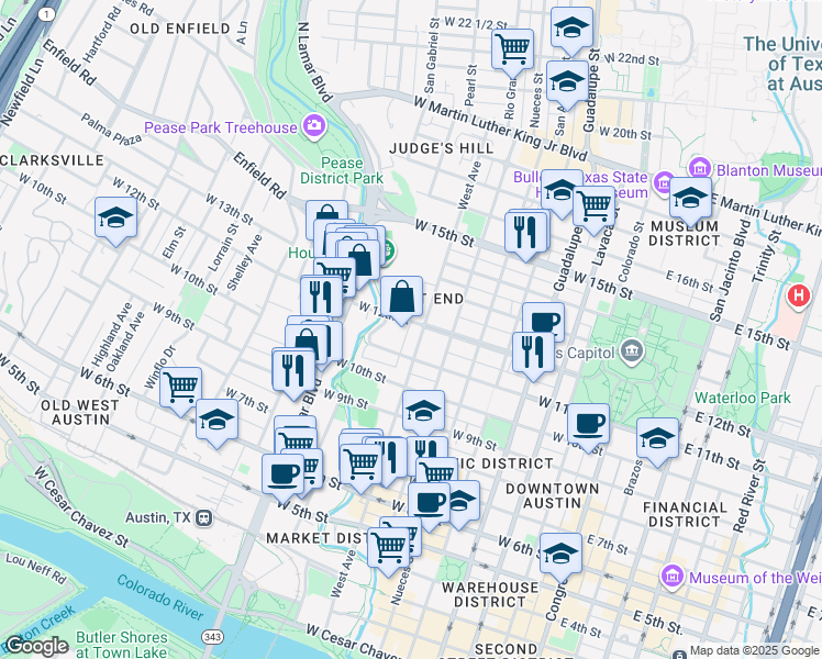 map of restaurants, bars, coffee shops, grocery stores, and more near 807 West 12th Street in Austin