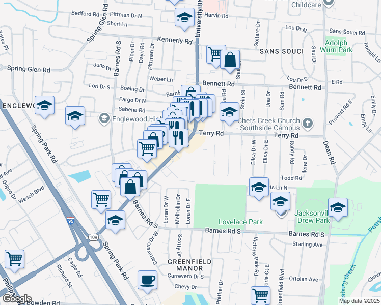 map of restaurants, bars, coffee shops, grocery stores, and more near 5930 University Boulevard South in Jacksonville