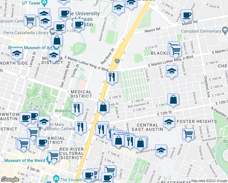 map of restaurants, bars, coffee shops, grocery stores, and more near 901 East 16th Street in Austin