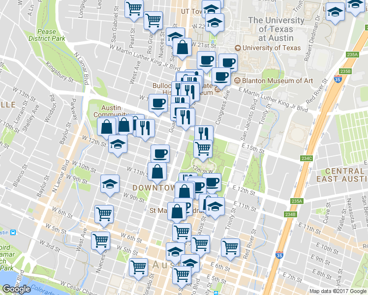 map of restaurants, bars, coffee shops, grocery stores, and more near 1306 Colorado Street in Austin