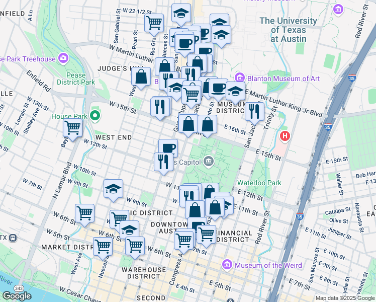 map of restaurants, bars, coffee shops, grocery stores, and more near 1306 Colorado Street in Austin